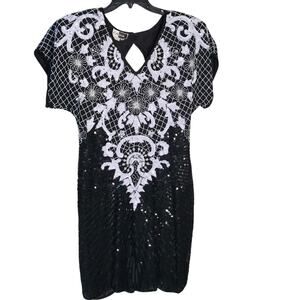 Vintage Carina L Black & White Beaded Silk Cocktail Dress 80's keyhole back sexy